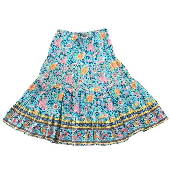 Hibluco Tiered Maxi Skirt Womens XL Blue Floral Boho Romantic Feminine Cottage - Picture 2 of 11